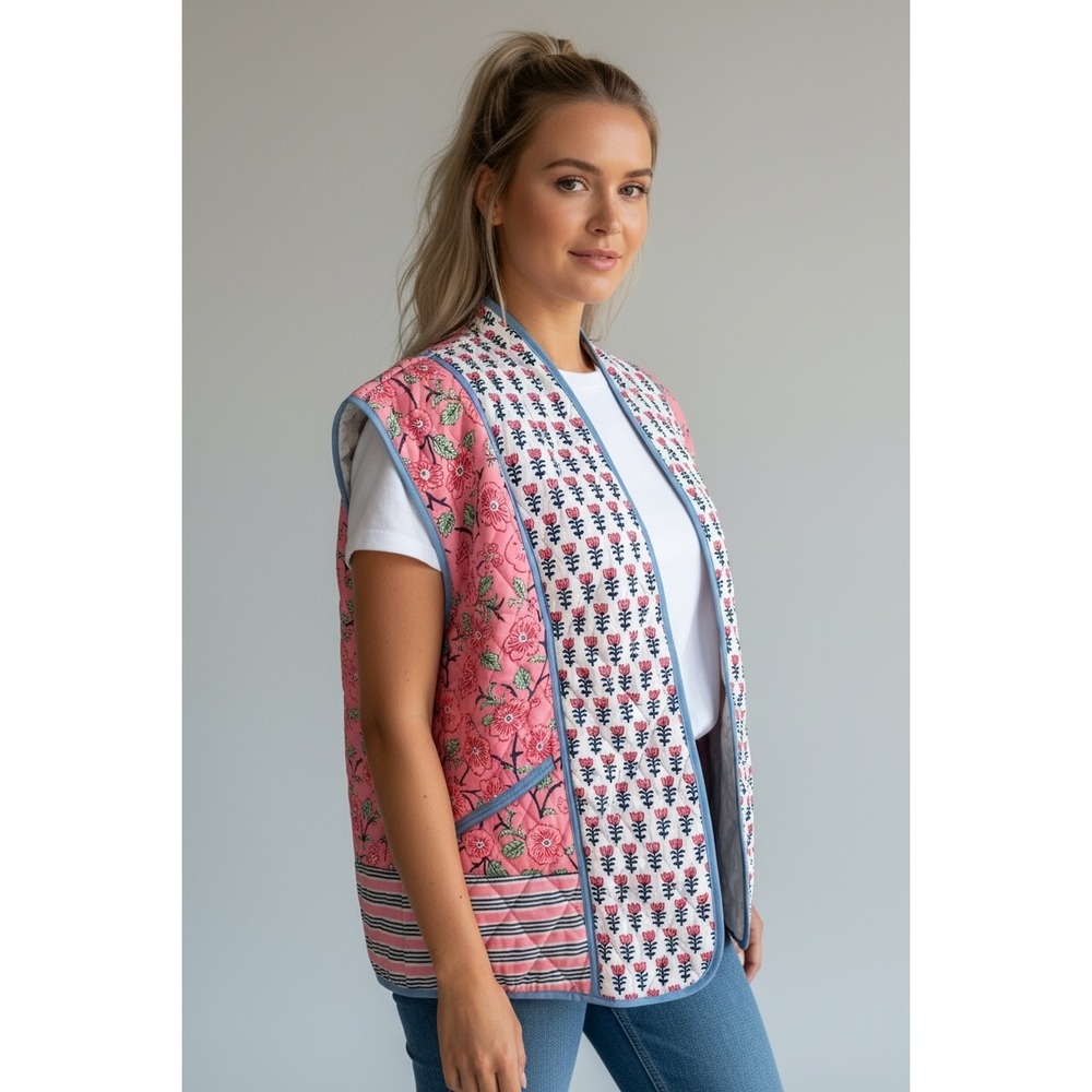 NEW Quilted Floral Block Print Size Large LaVest Siz Pink Blue Boho Core